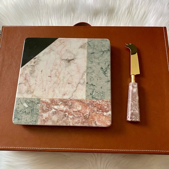 VINTAGE MOSAIC STONE CHEESE CUTTING BOARD & KNIFE WITH CASE - Picture 2 of 9